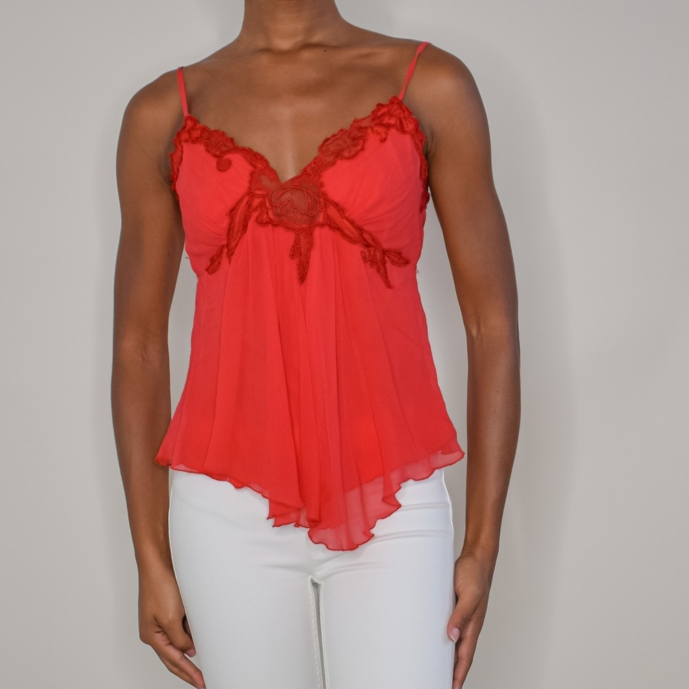 90s Vintage Renato Nucci Silk Lace Embroidered Cami Top in Tomato Red - Picture 3 of 4